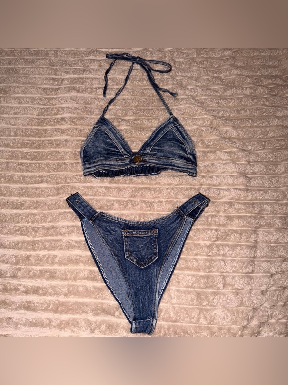 Denim-Look Blue Triangle Bikini Bra & Bottom Set